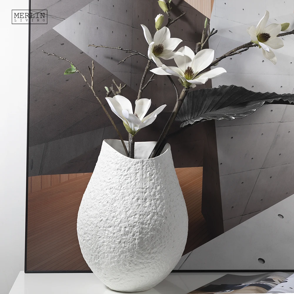 Merlin Living Rough Surface Vase Grey White Matte Ceramic Minimalist Vase Pieces Natural Flower Vase Design for Home Decor