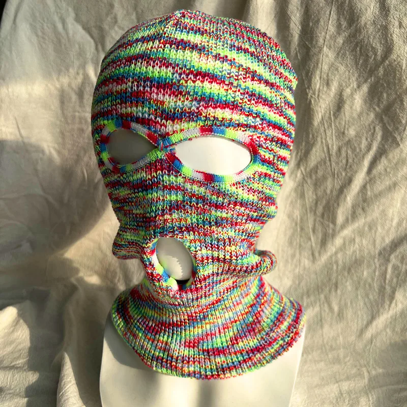 Wholesale Fashion Winter Keep Warm Knitted Beanie Hats Custom Logo Mask Full Face camouflage Stripe Three Hole cycling Balaclava