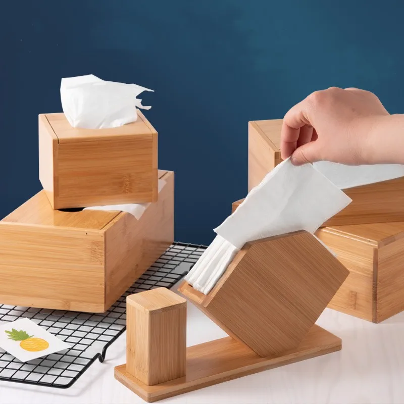 Wholesale square Bamboo Wooden Tissue Box Eco Friendly Durable Wood Tabletop Holder Boxes for Paper and Tissues Minimalist