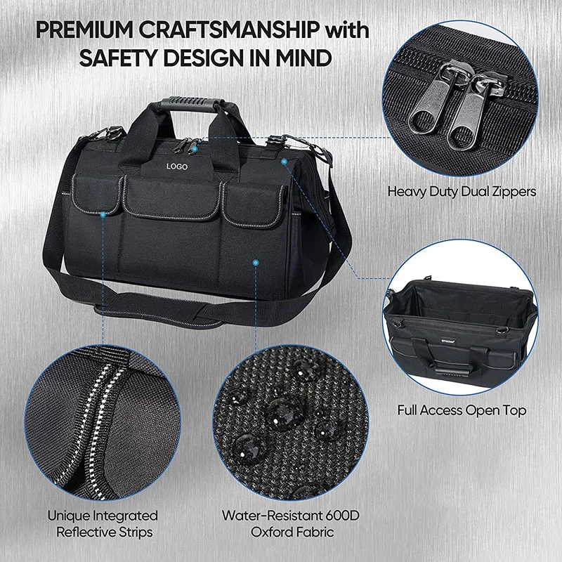 Custom Logo Heavy Duty Waterproof Oxford Fabric Multi-Pockets Wide Mouth Large Electrician Tool Bag with Shoulder Strap