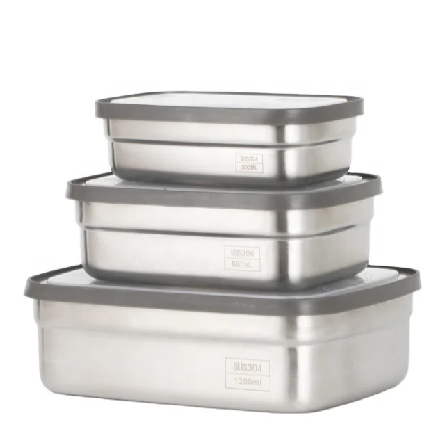 Rectangle 3 in 1 stainless steel 304 storage box plastic lid leak proof lunch box refrigerator food containers for kitchen
