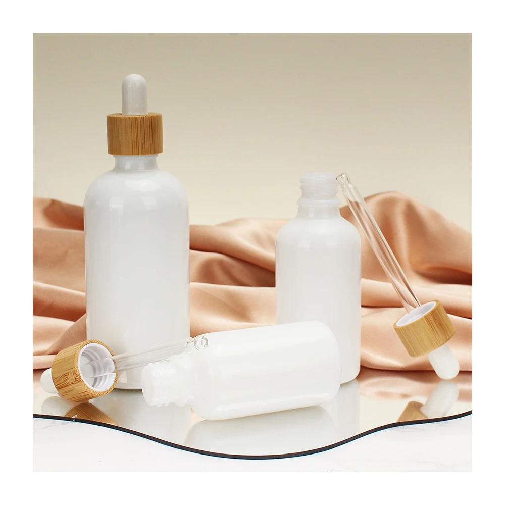 30ml 50ml 100ml White Glass Essential Oil Dropper Bottles White porcelain Empty Cosmetic Packaging Vials Bamboo Wood Lid