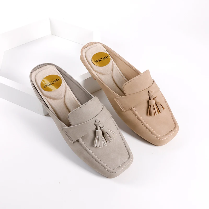 Hot Sales Square Toe Suede PU Leather Tassel Half Shoes Women Flats Shoes Comfort Casual Office Slip-on Close Shoes Ladies Mules