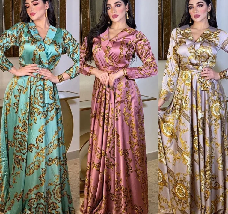 Luxurious Spring Women Floral Morocan Kaftan Elegant Long Sleeve Muslim Abaya Islam Turkey Moroccan Long Sleeve Shirt Dress