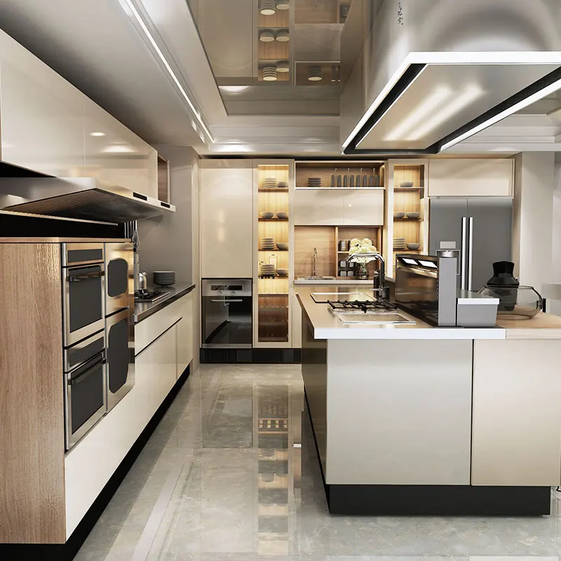 Kitchen with Island Standard Stainless Steel One-stop Solution Service E0 European Industrial Modular Kitchen Cabinets Modern