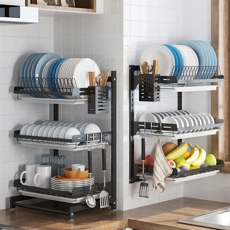 2 Tier Kitchen Over The Sink Dish Rack Stainless Steel Storage Chopsticks Drain Kitchen Organizer Rack Wall Mounted Rack