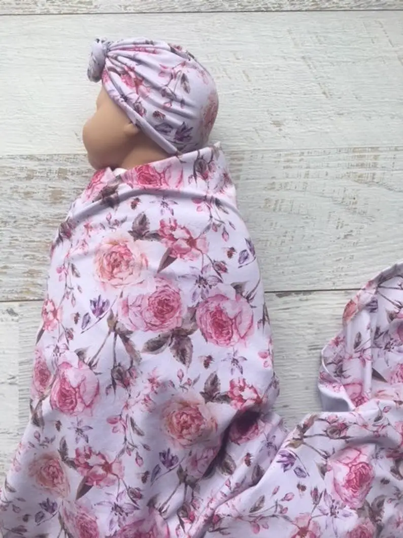 Newborn Baby Cocoon Swaddle Wrap with Beanie Hat Set Floral Receiving Blanket for Girls and Boys M3154