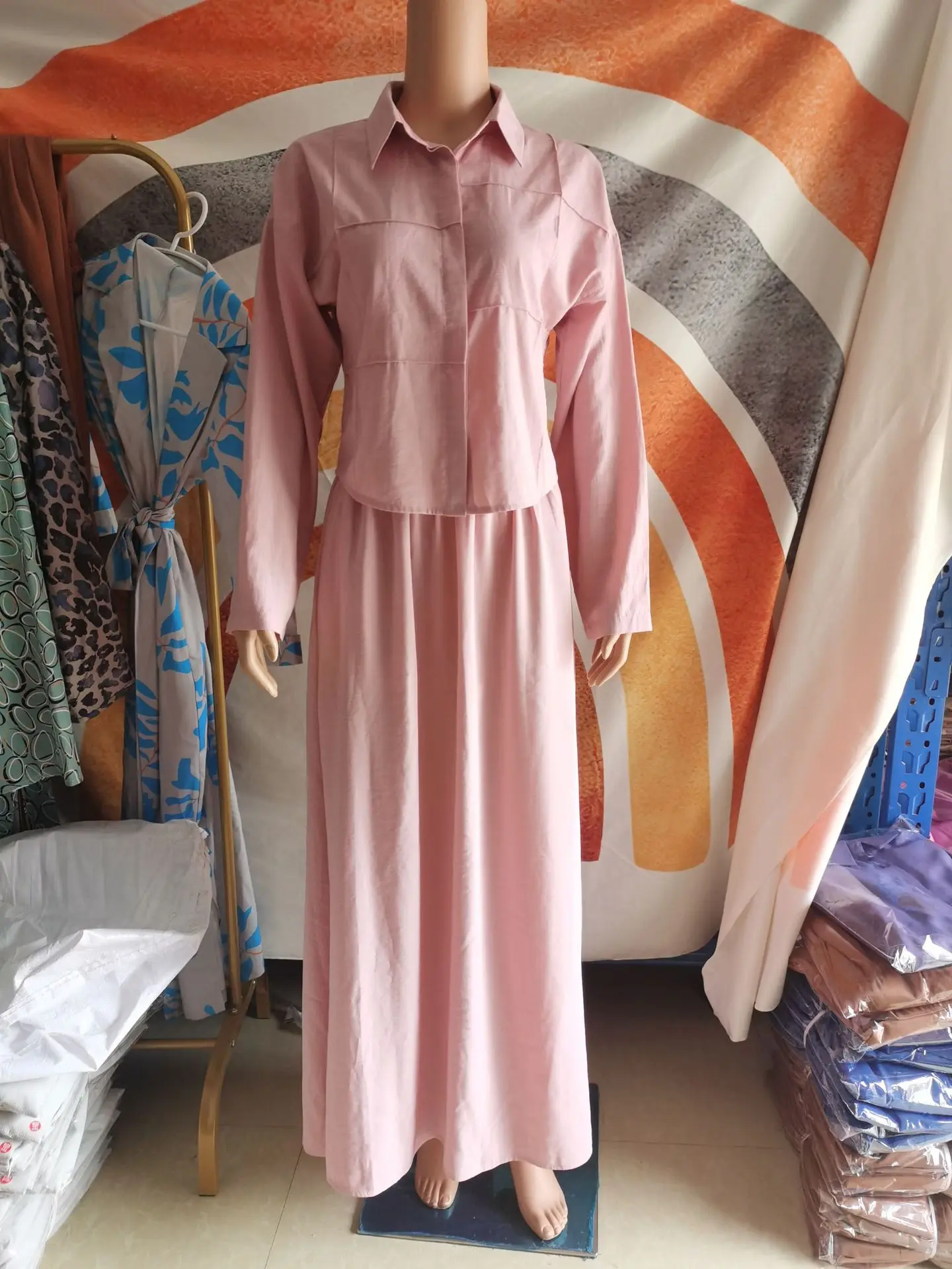 Fashion Pink 2 piece Long Sleeve Button Shirt Casual A Line Skirt Loose Modest Blouse Vintage Dress Suit