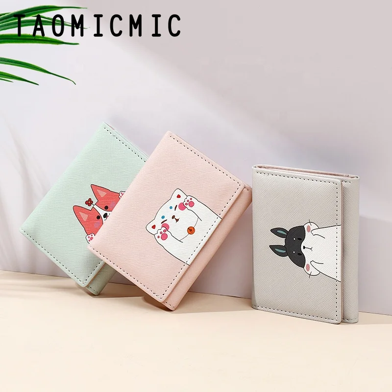 Taomicmic cute kawaii cat wallet girls pink PU leather short purse credit card holder for girls women