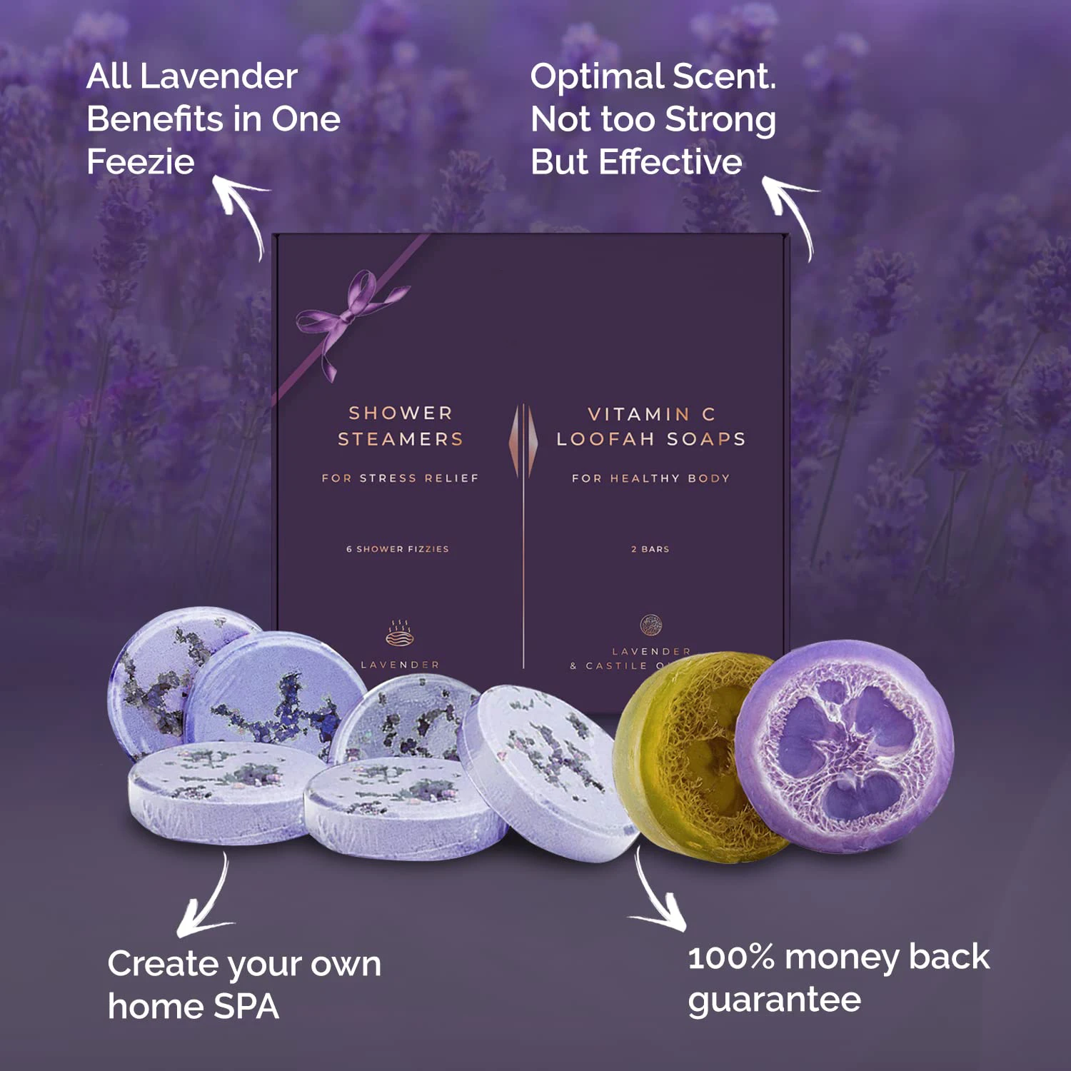 2in1 Aromatherapy Shower Kit of 8 Eucalyptus and Lavender Relaxation Bath Bombs Shower Steamers and Exfoliating Loofah Soaps