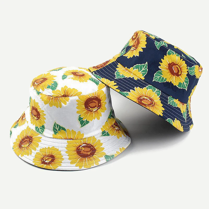 Wholesale Sunflower Pattern Packable Custom Summer Bucket Hat Reversible Bucket Hats