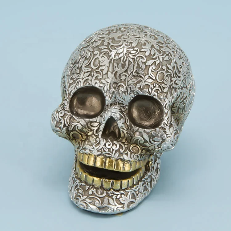 Latest Art Halloween Silver Gray Head  Skulls With Flower Pattern Ornaments