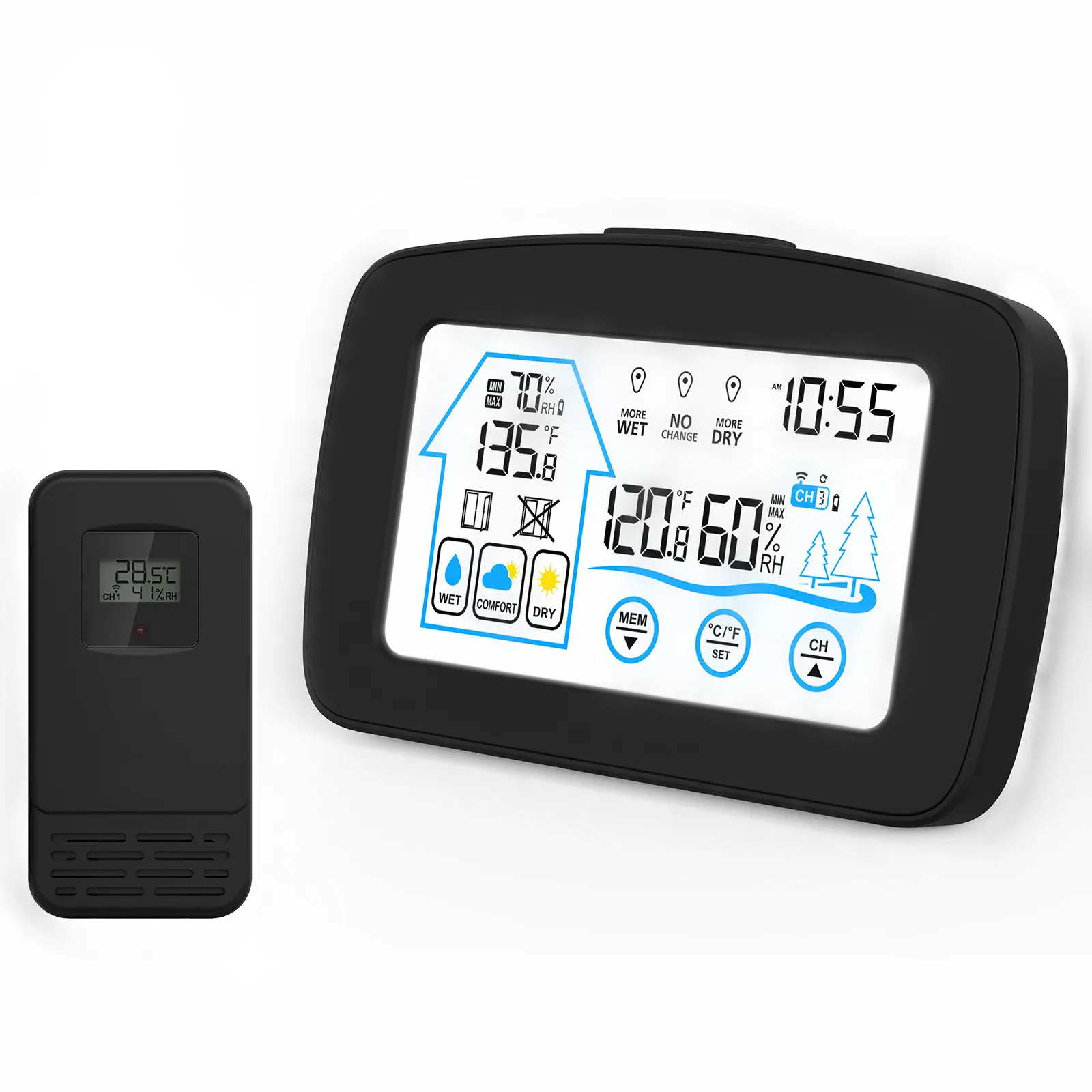 KH-CL148 LCD Digital Clock Color Wireless 433HMz Weather Station Indoor Temperature Humidity Meter with Outdoor Sensor