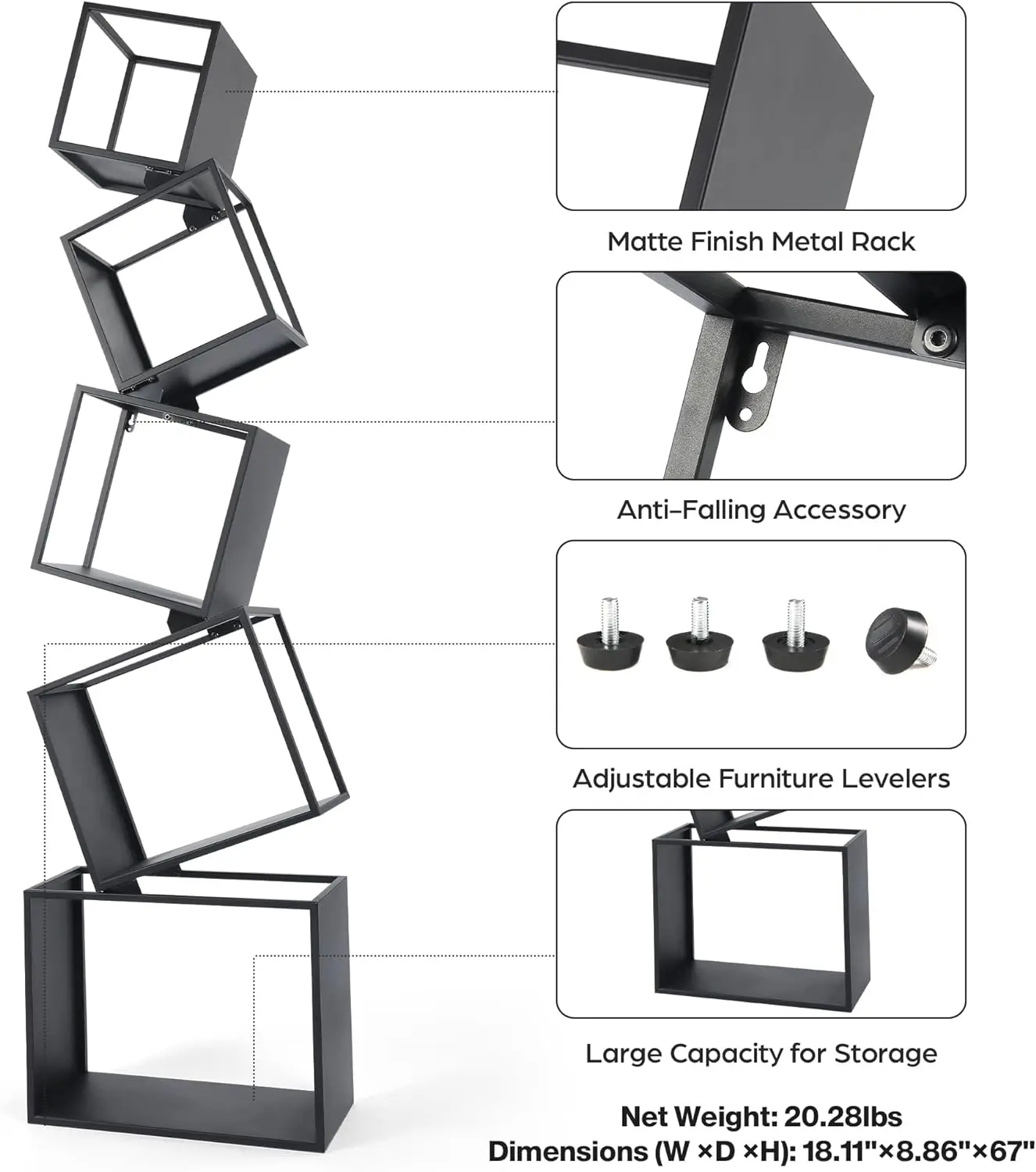 5-Tier Black Modern Bookcase  for CDs Books Home Decor