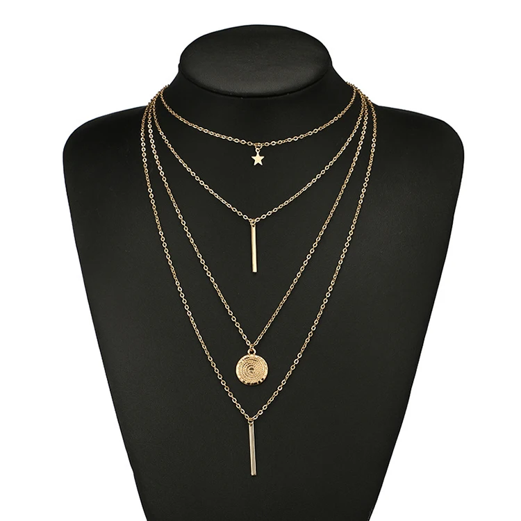 Latest Fashion Beach Gold Star Coin Pendant Necklace Designs Accessories Jewelry Women Multi Layered Chain Clavicular Necklace