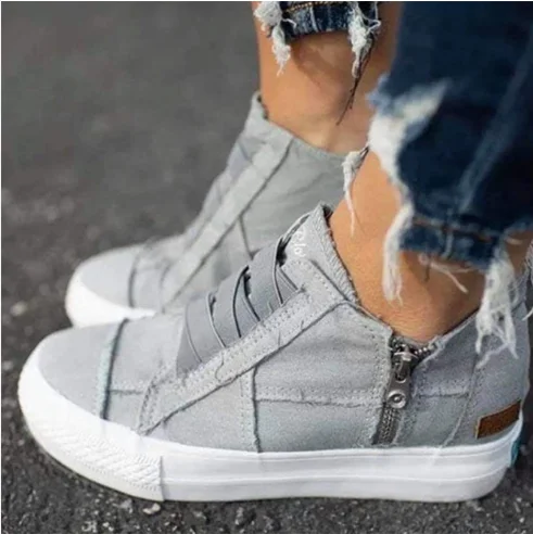 
2020 New Fashion Ready to Ship Wholesale Cheap Women Casual Fashion Canvas Flat Sneakers Shoes Zipper Side 