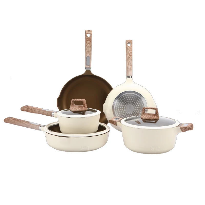 Deep Stock Soup Pot Die Cast Aluminum White Marble Non Stick Pots And Pans With Wooden Handle 20cm 24cm 28cm