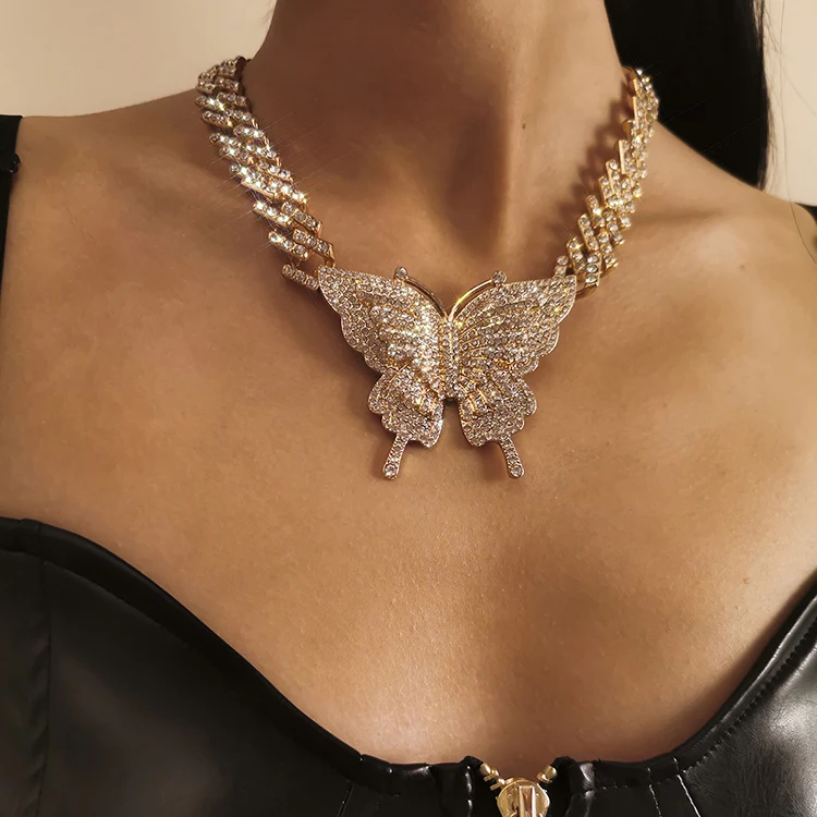 2021 Dropshipping 3697 trendy fashion hip hop luxury hip hop jewelry women rhinestone butterfly cuban pendant chains necklaces