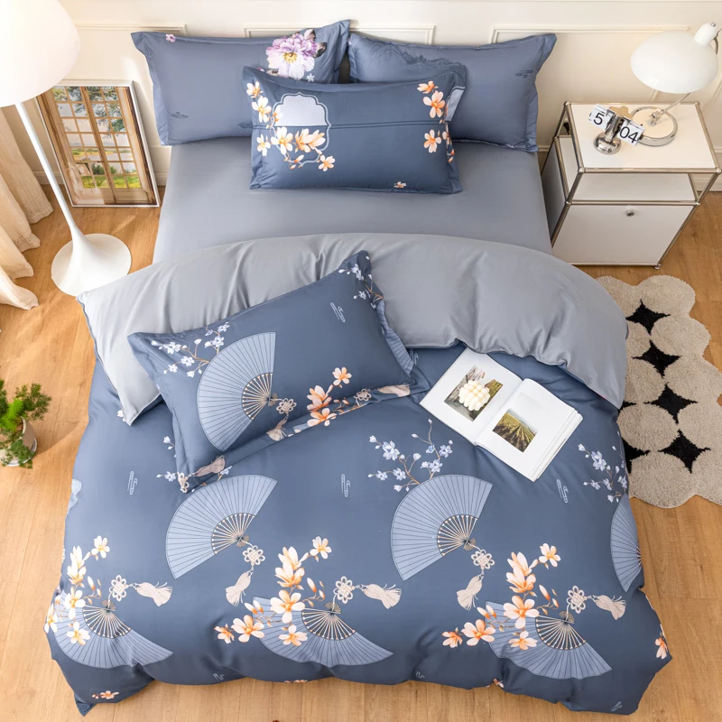 Spring and Autumn four-piece set of pure cotton household brushed simple bedding sheets quilt cover three-piece set ins style