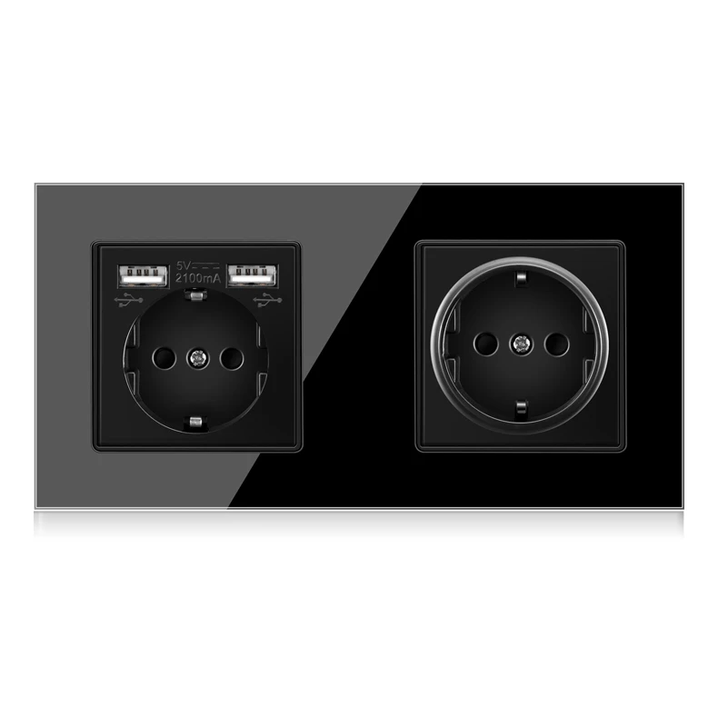 Full mirror tempered glass panel German multi-way socket 220~250V 16A double European double USB socket