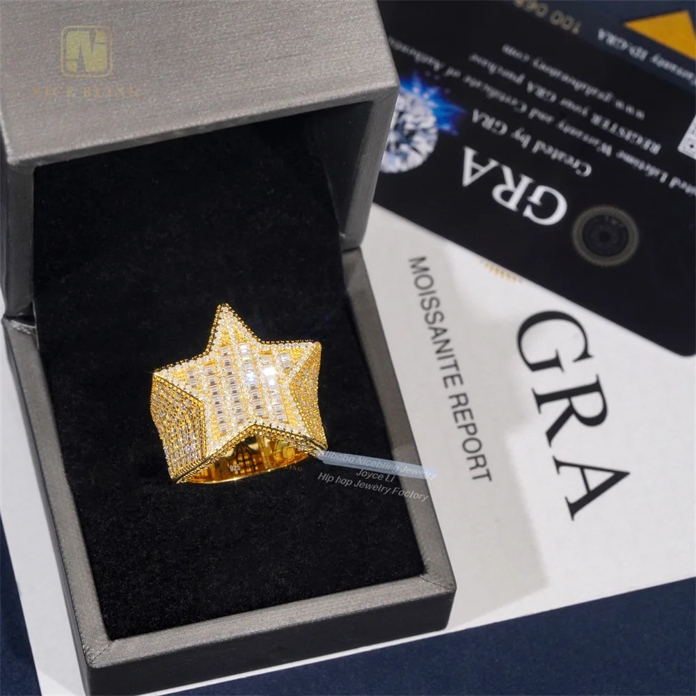 Luxury Fashion Jewelry 925 Sterling Silver VVS Baguette Moissanite Diamond Men Rings Hiphop Bling Iced Out Star Ring