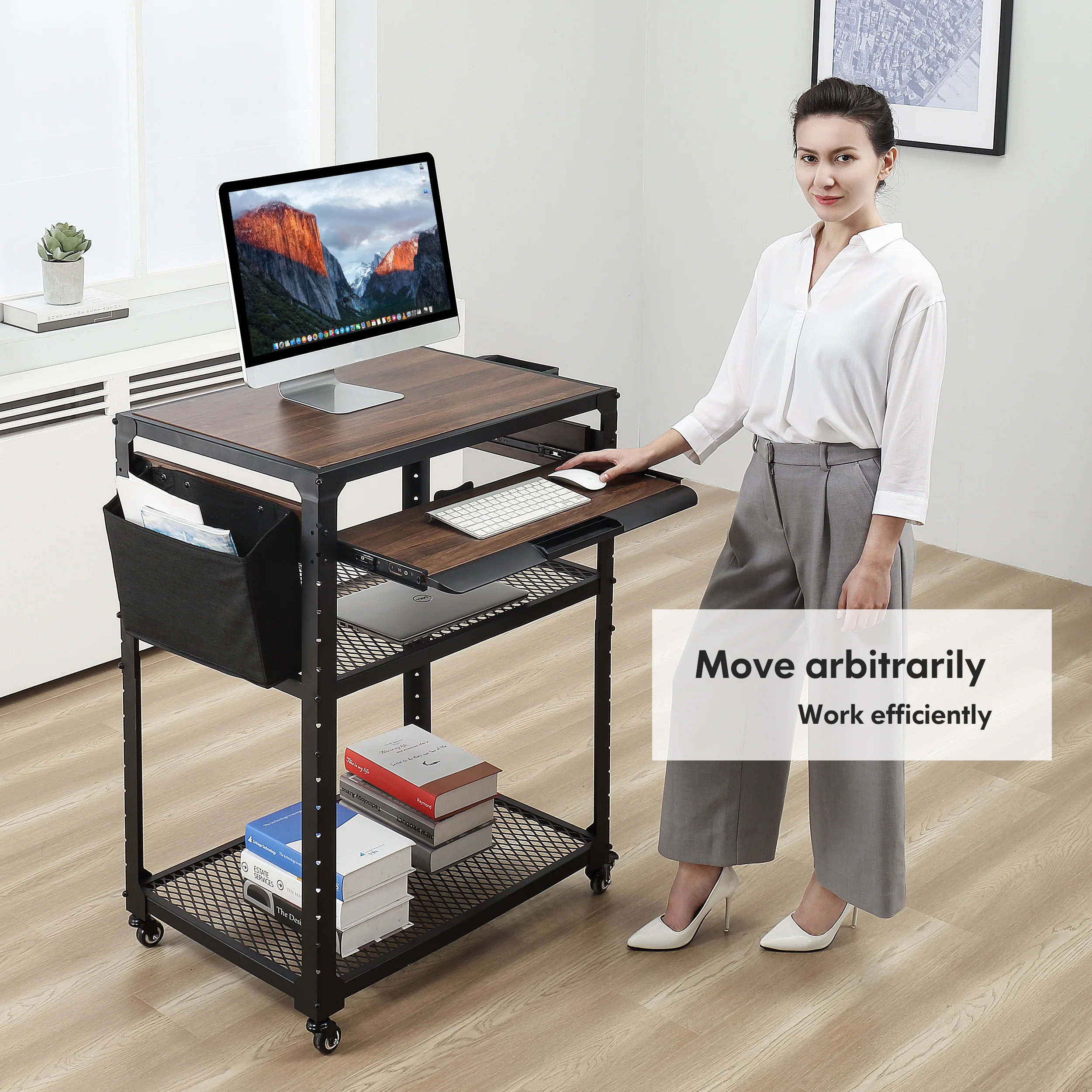 Office Computer Printer Stand Trolley Lecture AV Cart with Rolling Caster and Shelf