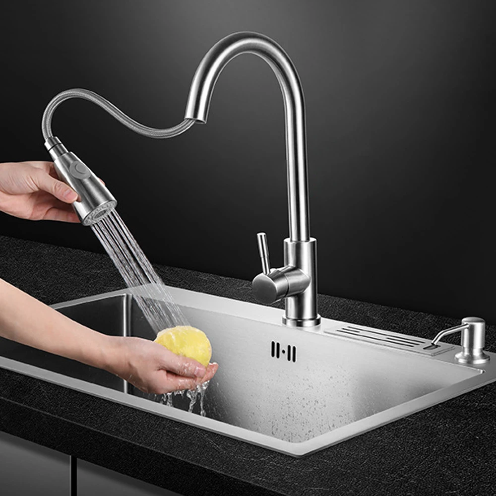 Manufacturer Supplier Handmade Kitchen Sink with Waterfall Smart Double Bowl SS 304 Handmade Sink Above Counter Square Modern