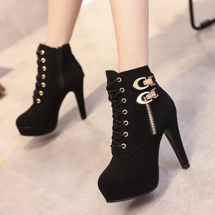 Fashion Ladies Leather Suede Slim High Heel Boot Black Woman Cross Straps Girls Round Toe Ankle Boots For Women