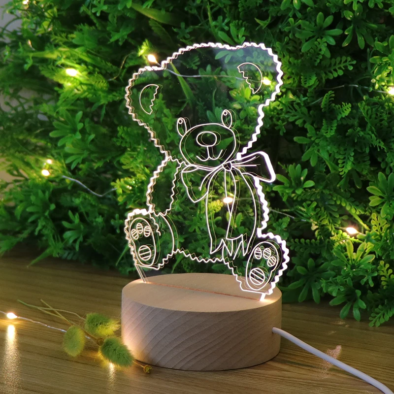 Home Decoration Lovely  Bear 3d Acrylic Table Lamp Usb Charge Acrylic Night Light With Wooden Base