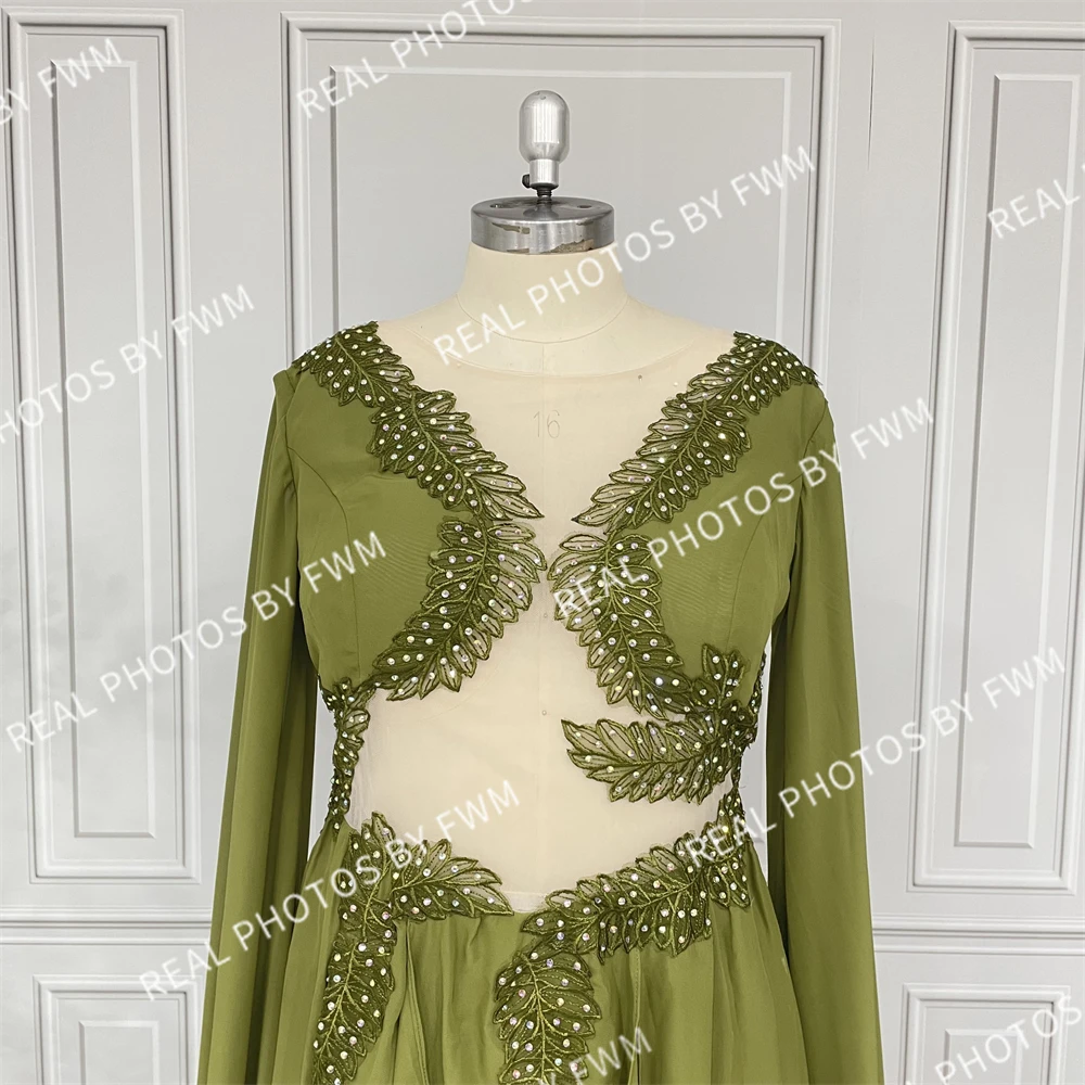 100% Real Photos High Quality Green Leaf Appliques Cut Out Long Sleeves Special Events Dress For Women Celebrity Evening Gown