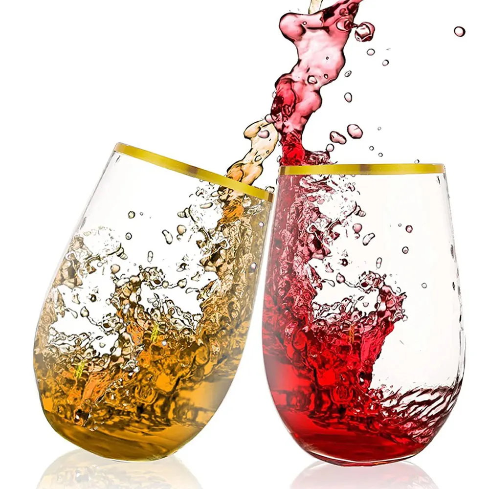 Wholesale 16 Oz Plastic Stemless Wine Glass with Gold Rim Disposable Cocktail Cups Glass Shatterproof Juice Whisky Drinking Cup
