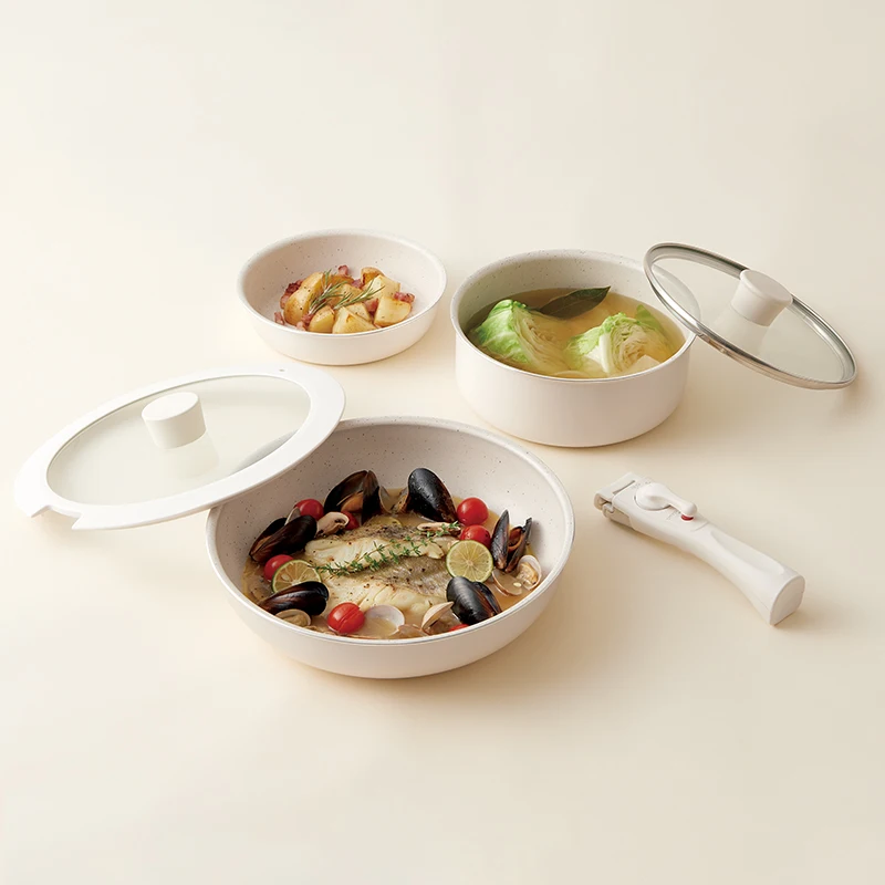 Non Stick  Ceramic Coating Fry Pan and Sauce Pan Set with Detachable Handle Induction Bottom Cookware-6pcs set