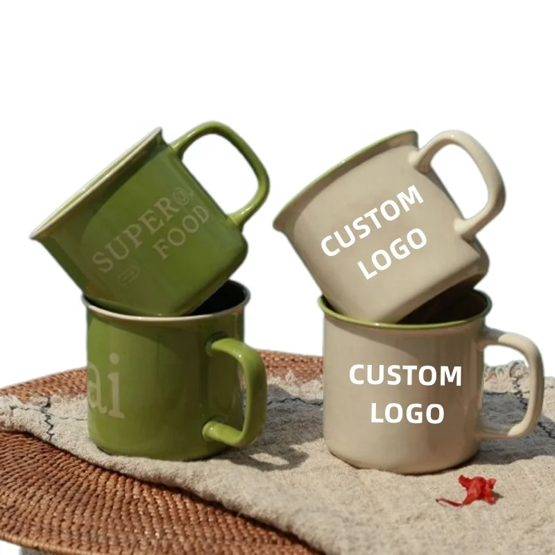 OEM Cute Camping Enamel Tea Coffee Mugs Cup Gift Items Vintage Cream Color Sublimation Ceramic Mugs Customizable