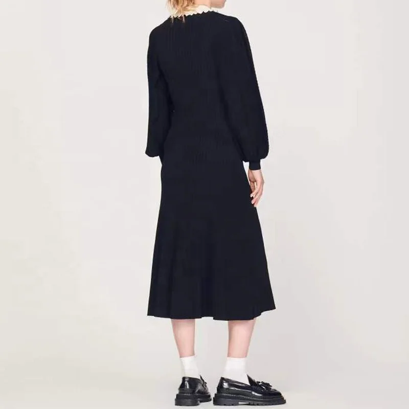 Женское трикотажное платье-миди с кружевным воротником и рукавами-фонариками