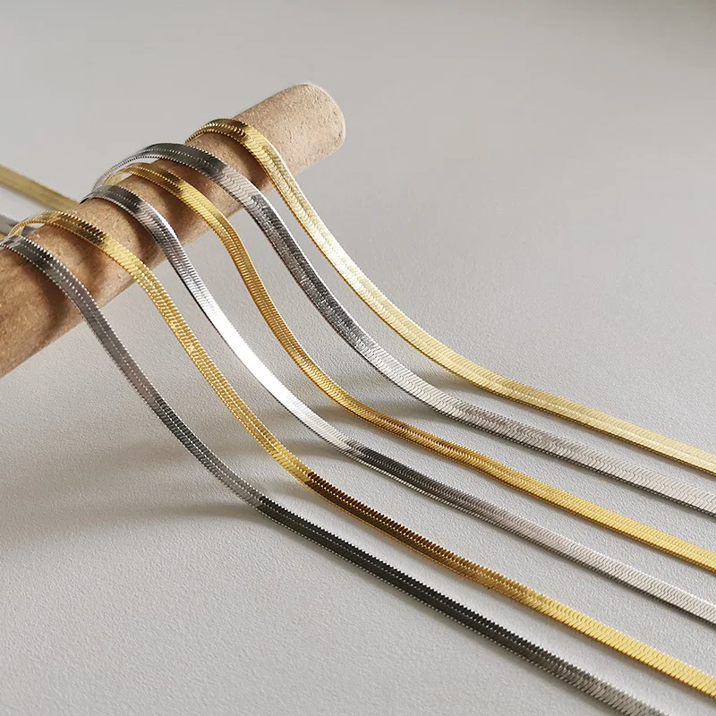 Wholesale 14k Gold Plated Herringbone Choker Chain Handmade Stainless Steel Flat Snake Chain Necklace