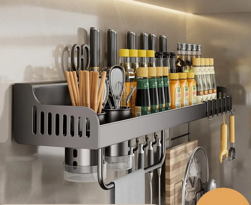 Factory Wholesale Multifunctional Stainless Steel shelf wall dish rack with knife holder tool storage pot cover racks shelving