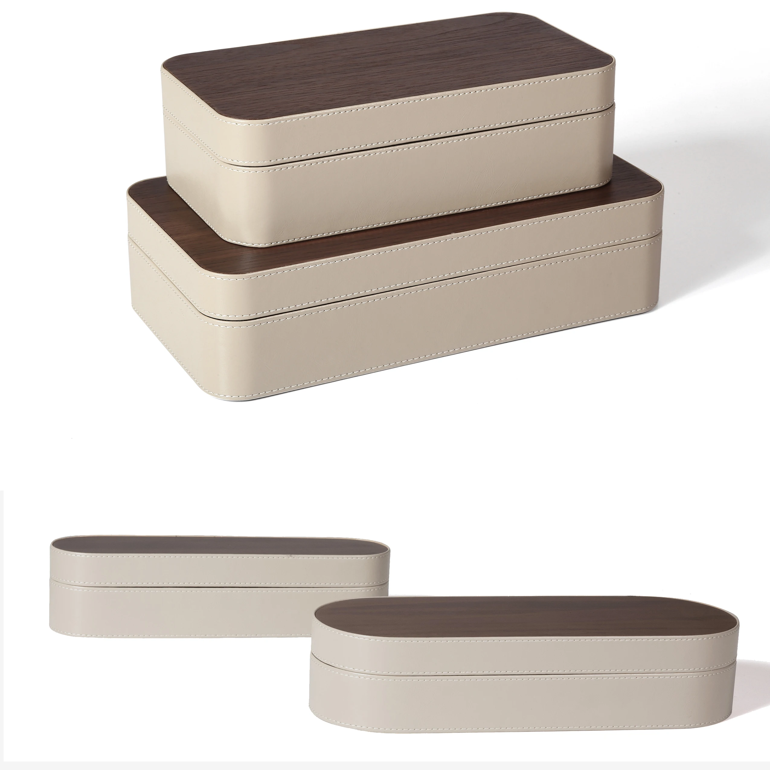 Custom shape rectangular oval wooden storage box light luxury modern European home decoration custom wooden leather jewelry box