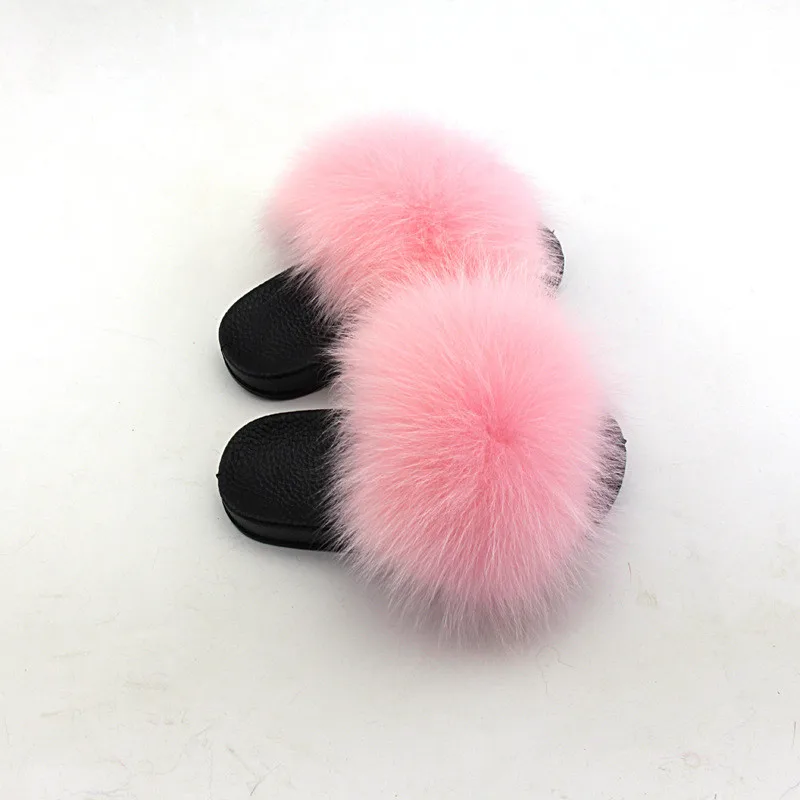 Cheap Price Jtfur Raccoon Fur Pom Pom Kid Sandal Slides For Women And Baby Kids With Fur