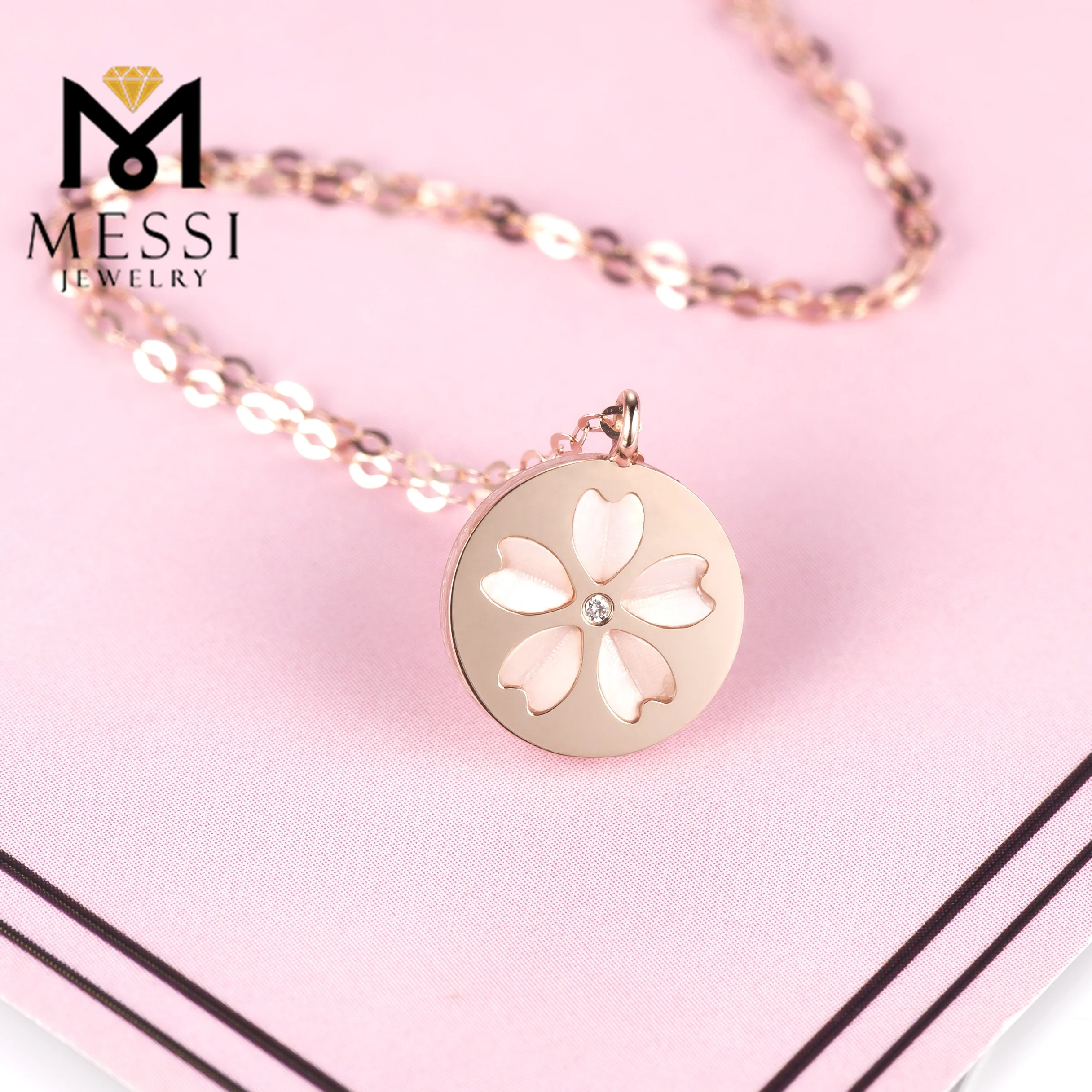 Messi Jewelry cherry blossom shape mother of pearl necklace in 18k rose gold with natural diamond sukura necklace jewelry