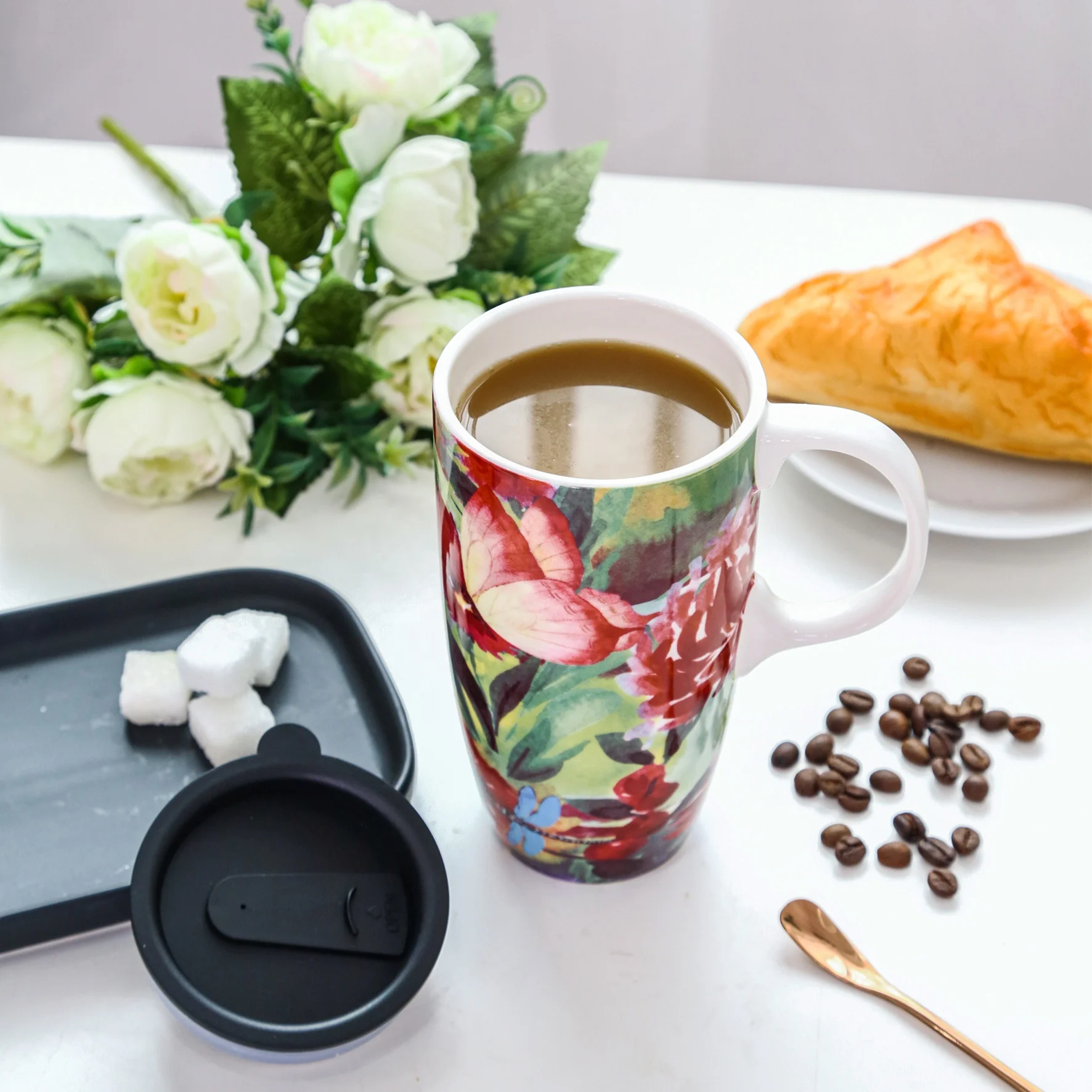 17 унций. Цветущий подарочный набор, латте, чайная чашка, кофейная керамическая кружка, фарфоровые керамические кружки с крышкой
