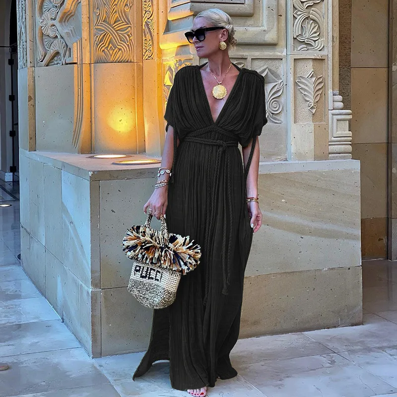 2024 Summer Long Dress Halter Deep V-neck Backless Club Wear Knitted Sexy Hollow-out Handmade Rope Design Dress