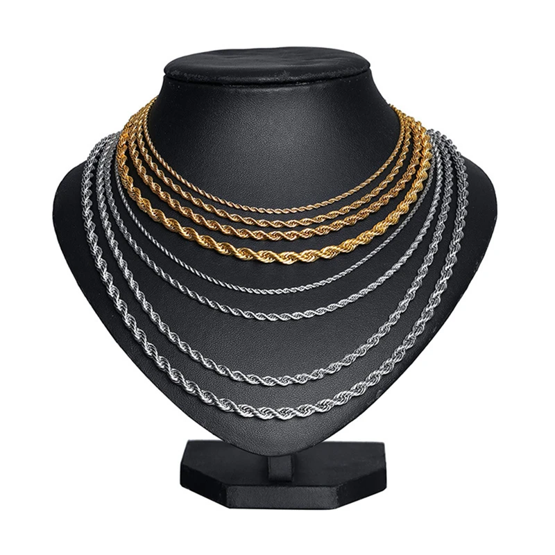 Wholesale 2mm 3mm 4mm 5mm Stainless Steel IP Plated Gold Vermeil Thin Rope Twisted Rope Chain Necklace For Man Women