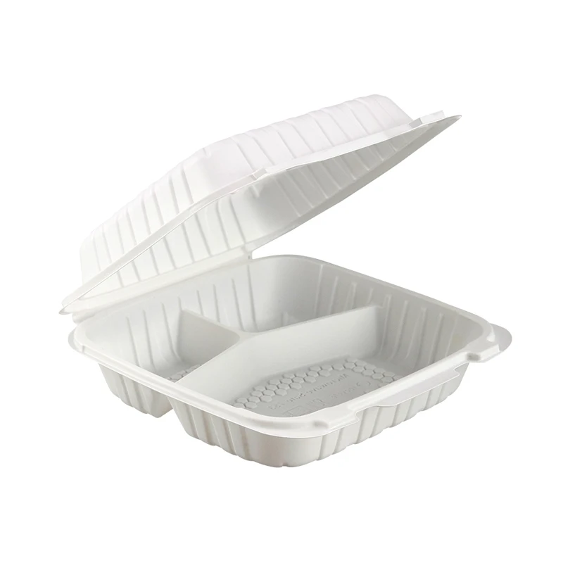 To go food container for restaurant hinged lid lunch box mineral filled pp with 3 compartments microwave food packaging