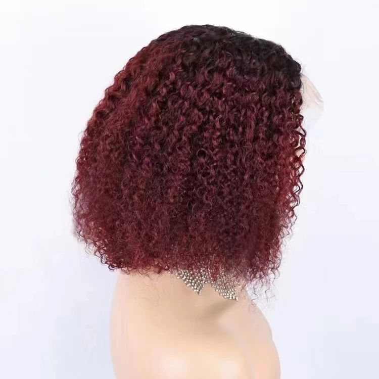 180% density T part lace color wigs 14 inch kinky curly bob wig 100% human hair wigs