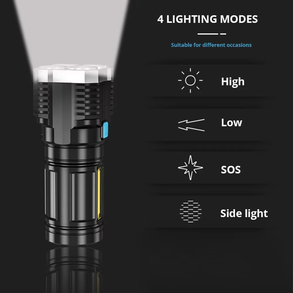 4-core Led Multi-functional Bright Flashlight COB Side Light Outdoor Portable Home USB Rechargeable Flashlight