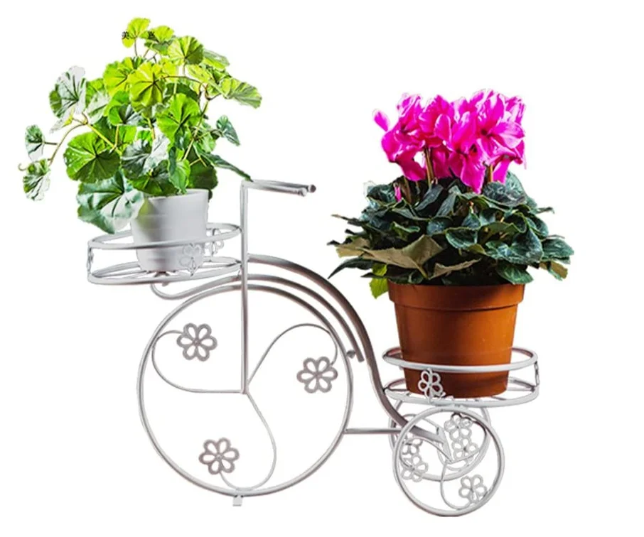 Iron plant shelves / display shelves, bicycle modeling patio / loft / outdoor white floor flower pot planters