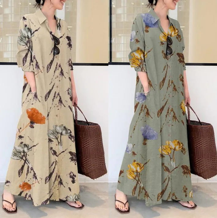 Causal Cotton hemp Floral Lapel Long Sleeve Pocket Loose Long Cardigan Dress Abaya Clothing Muslim Dress Shirts Blouse Dress