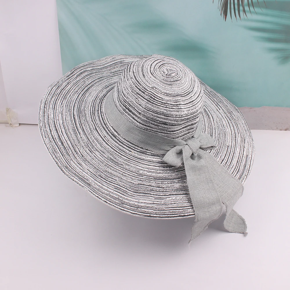 Foldable Large Wide Brim Straw Hat with Ribbon Custom Paper Straw Panama Top Hat Women Wholesale Sun Protection Sunhat