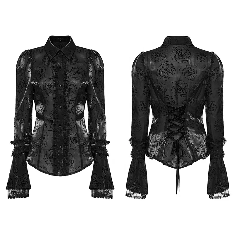 PUNK RAVE WLY-104XCF Goth Vintage Rose Patterned Shirt Sexy Perspective Slim Organza Shirt Lolita Flared Sleeves Lace Blouse