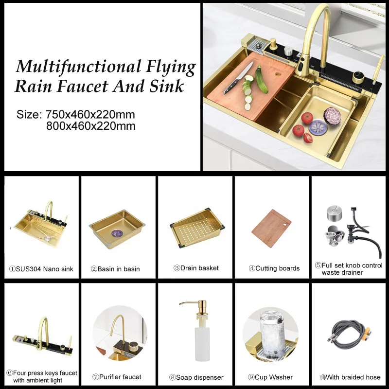 Luxury Gold Smart Kitchen Sink Nano Stainless Steel Hand Made Kitchen Sink Waterfall Kitchen Sink With Digital Display